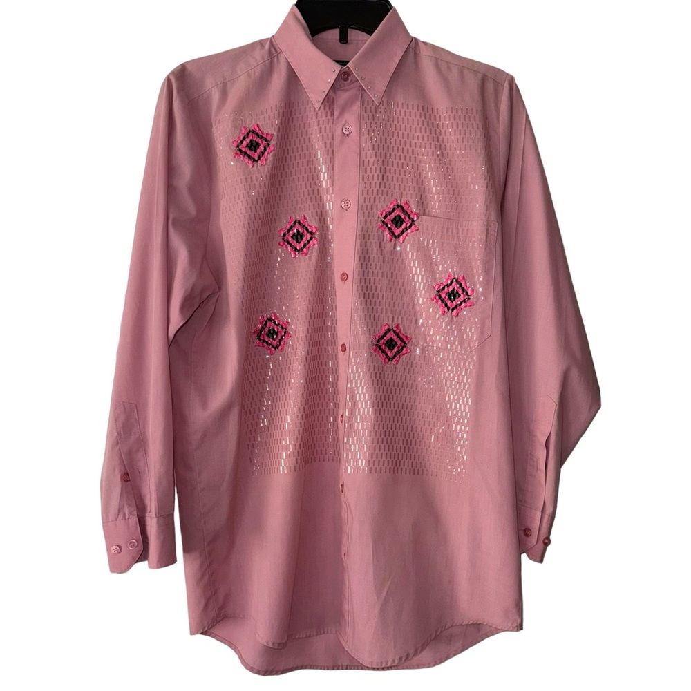 🌴 Marquis Long Sleeve Southwestern Print Shimmer‎ Pink Button Down Shirt